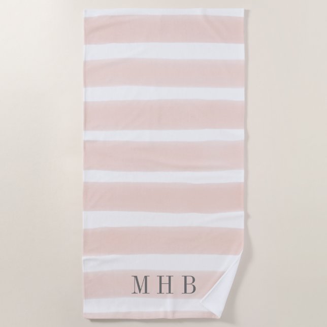 Pastellrosa Farbstreifen Monogramm Strandtuch (Vorderseite)