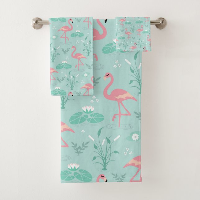 Pastellrosa Flamingos Grünes Muster Badhandtuch Set (Insitu)