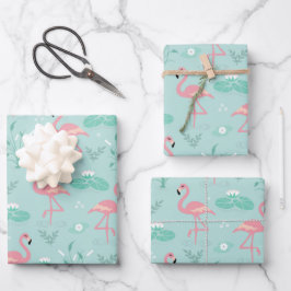 Pastellrosa Flamingos Grünes Muster Geschenkpapier Set