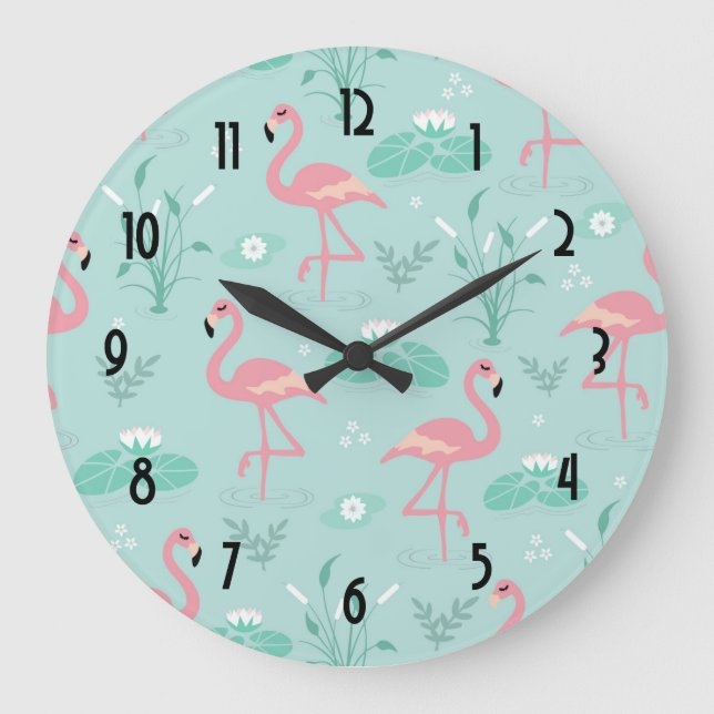 Pastellrosa Flamingos Grünes Muster Große Wanduhr (Vorderseite)