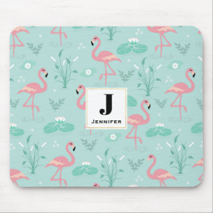 Pastellrosa Flamingos Grünes Muster Monogramm Mousepad