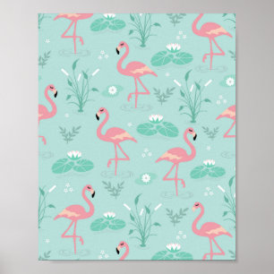 Pastellrosa Flamingos Grünes Muster Poster
