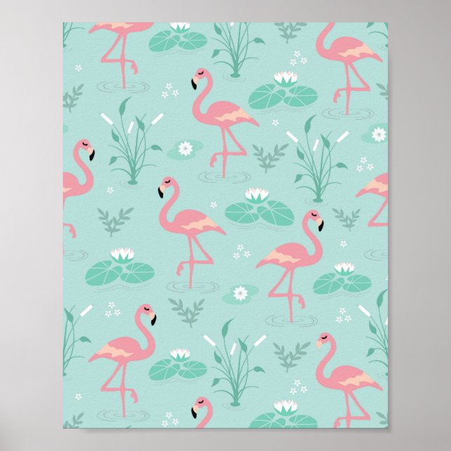 Pastellrosa Flamingos Grünes Muster Poster (Vorne)