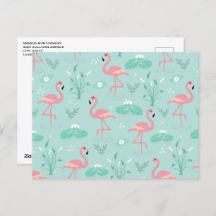 Pastellrosa Flamingos Grünes Muster Postkarte
