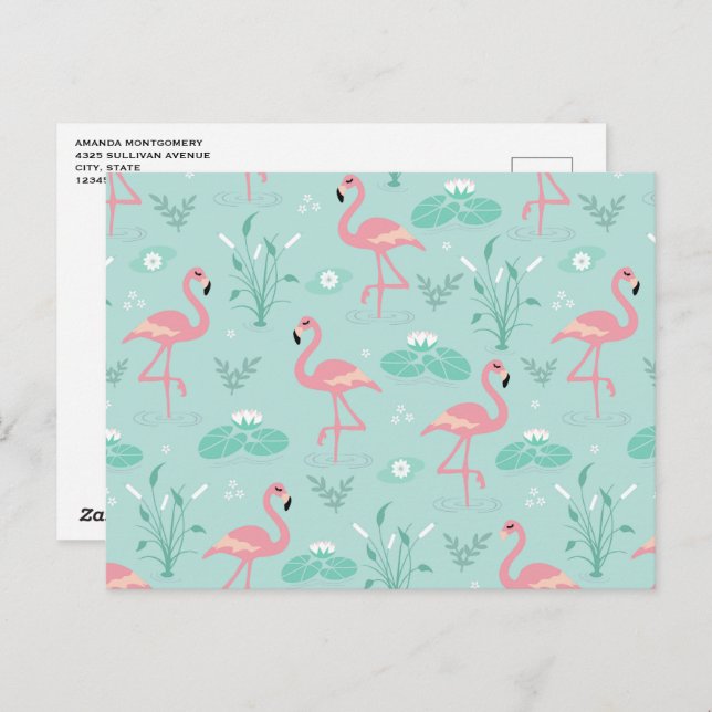 Pastellrosa Flamingos Grünes Muster Postkarte (Vorne/Hinten)