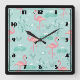 Pastellrosa Flamingos Grünes Muster Quadratische Wanduhr