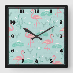 Pastellrosa Flamingos Grünes Muster Quadratische Wanduhr