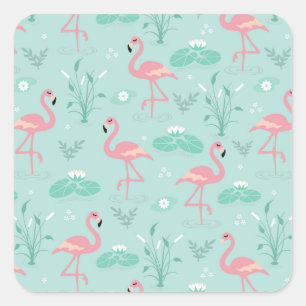 Pastellrosa Flamingos Grünes Muster Quadratischer Aufkleber