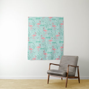 Pastellrosa Flamingos Grünes Muster Wandteppich