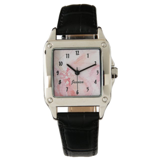Pastellrosa Floral Watch mit Personalisiertem Name Armbanduhr (Vorderseite)