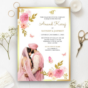 Pastellrosa florale Anand-Karaj-Sikh-Hochzeit Einladung