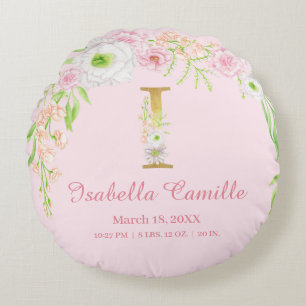 Pastellrosa florales Monogramm Baby-Statistiken Rundes Kissen