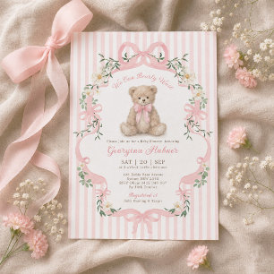 Pastellrosa gestreifter Teddybär Mädchen Baby Show Einladung