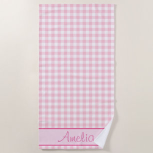 Pastellrosa-Gingham-Muster personalisiert Strandtuch