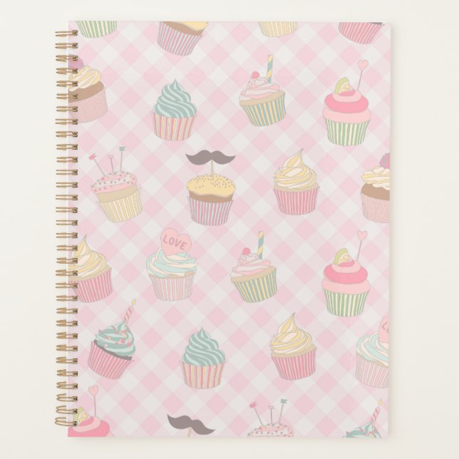 Pastellrosa Gingham Süße Cupcakes Muster Planer (Vorderseite)