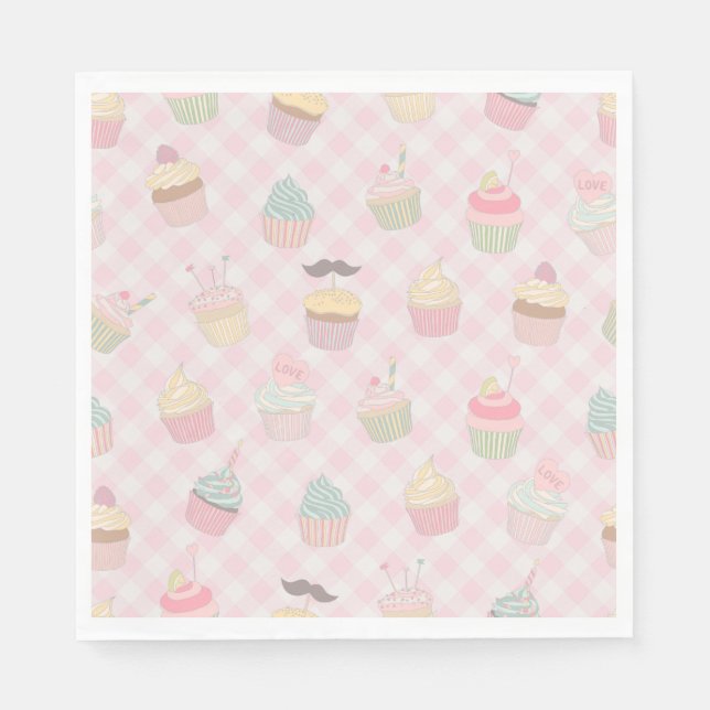 Pastellrosa Gingham Süße Cupcakes Muster Serviette (Vorderseite)