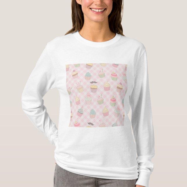 Pastellrosa Gingham Süße Cupcakes Muster T-Shirt (Vorderseite)