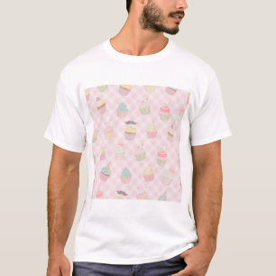 Pastellrosa Gingham Süße Cupcakes Muster T-Shirt