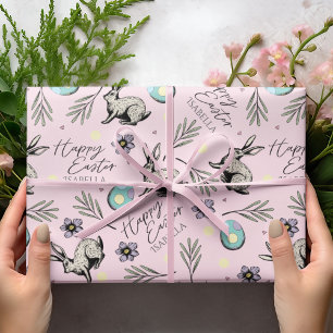 Pastellrosa glückliche Osterhasen Geschenkpapier