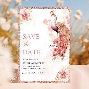 Pastellrosa Goldene Blumenindische Pfau-Hochzeit Save The Date