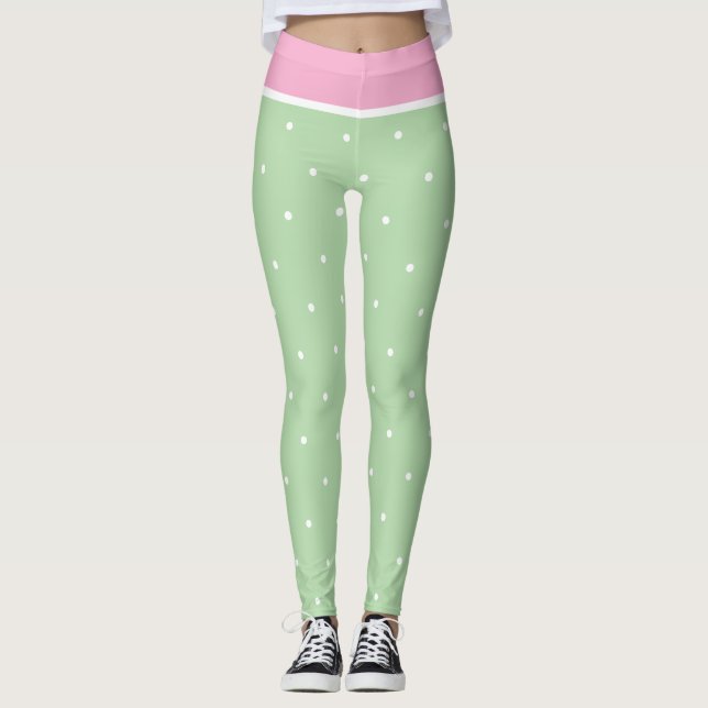 Pastellrosa, grüne und weiße Polka-Punkte Leggings (Vorderseite)