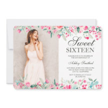 Pastellrosa grünes Foto mit Blumenbeeren Sweet 16