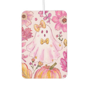 Pastellrosa Halloween-Geist mit Blumen und Kürbis Autolufterfrischer