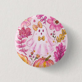Pastellrosa Halloween-Geist mit Blumen und Kürbis Button
