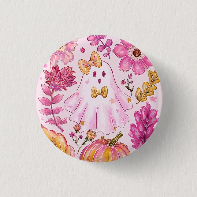 Pastellrosa Halloween-Geist mit Blumen und Kürbis Button (Vorderseite)