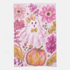 Pastellrosa Halloween-Geist mit Blumen und Kürbis Geschirrtuch