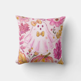 Pastellrosa Halloween-Geist mit Blumen und Kürbis Kissen