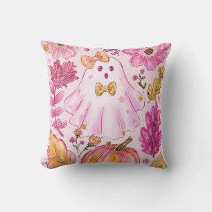 Pastellrosa Halloween-Geist mit Blumen und Kürbis Kissen