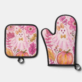 Pastellrosa Halloween-Geist mit Blumen und Kürbis Ofenhandschuh & Topflappen-Set