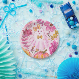 Pastellrosa Halloween-Geist mit Blumen und Kürbis Pappteller