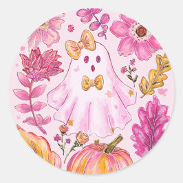 Pastellrosa Halloween-Geist mit Blumen und Kürbis Runder Aufkleber