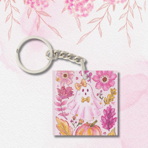 Pastellrosa Halloween-Geist mit Blumen und Kürbis Schlüsselanhänger