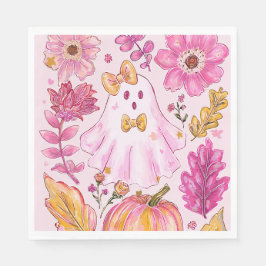 Pastellrosa Halloween-Geist mit Blumen und Kürbis Serviette