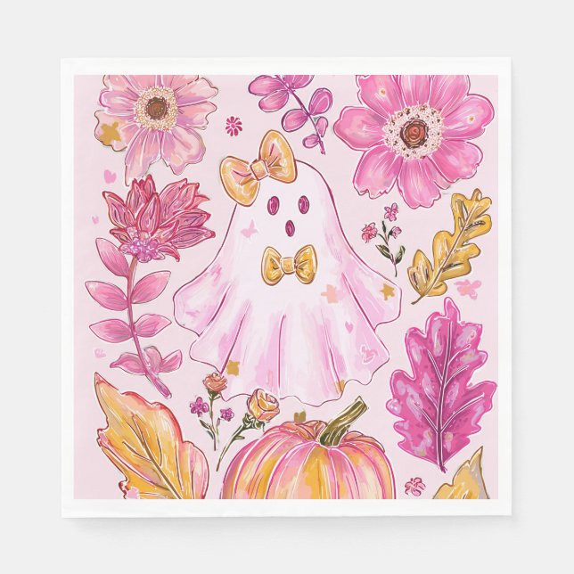 Pastellrosa Halloween-Geist mit Blumen und Kürbis Serviette (Vorderseite)