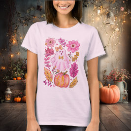Pastellrosa Halloween-Geist mit Blumen und Kürbis T-Shirt