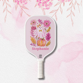 Pastellrosa Halloween-Geist mit individuellem Name Pickleball Schläger