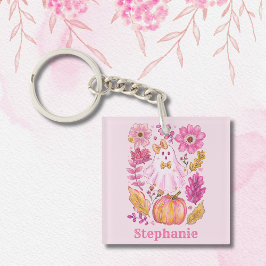 Pastellrosa Halloween-Geist mit individuellem Name Schlüsselanhänger