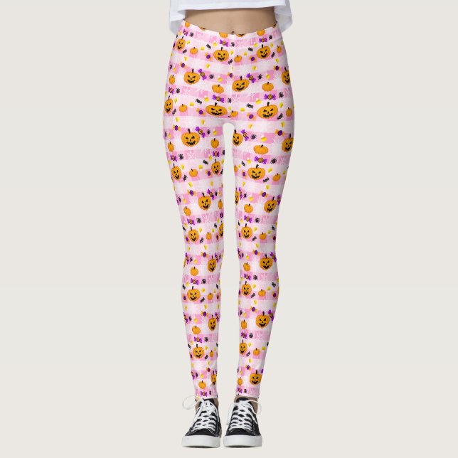 Pastellrosa Halloween-Muster Leggings (Vorderseite)