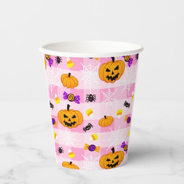 Pastellrosa Halloween-Muster Pappbecher (Vorderseite)