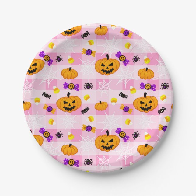 Pastellrosa Halloween-Muster Pappteller (Vorderseite)