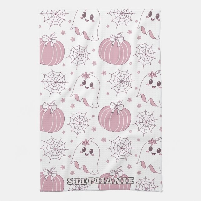 Pastellrosa Halloween Nahtloses Muster (3) Geschirrtuch (Vertikal)