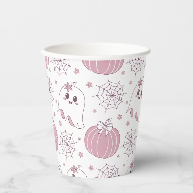 Pastellrosa Halloween Nahtloses Muster (3) Pappbecher (Vorderseite)