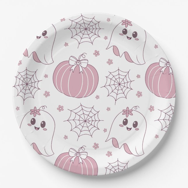 Pastellrosa Halloween Nahtloses Muster (3) Pappteller (Vorderseite)