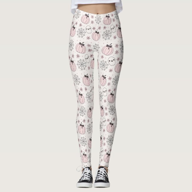 Pastellrosa Halloween Nahtloses Muster Leggings (Vorderseite)
