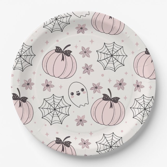 Pastellrosa Halloween Nahtloses Muster Pappteller (Vorderseite)
