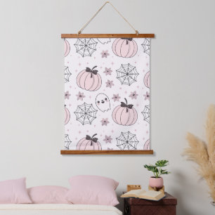 Pastellrosa Halloween Nahtloses Muster Wandteppich Mit Holzrahmen